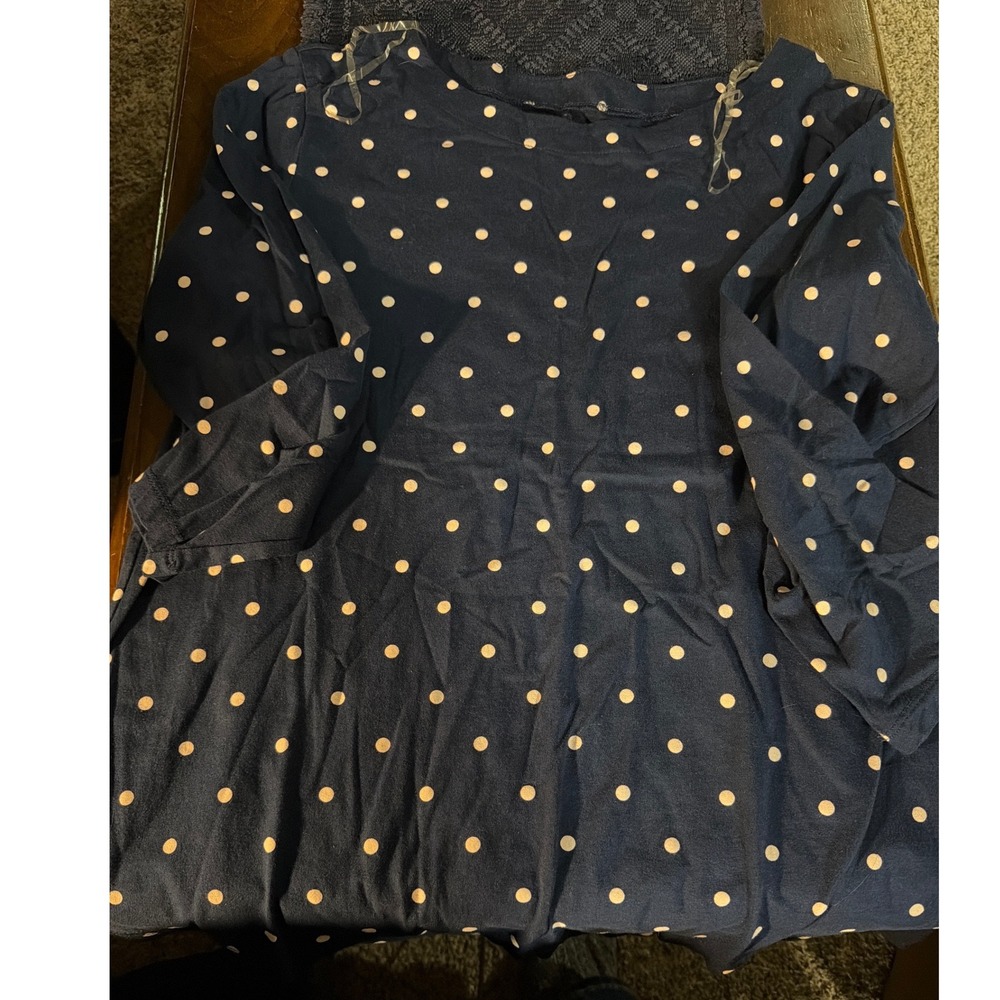 St. Johns Bay Navy Blue Polka Dot Classic Boatneck Tee 100% Cotton Large